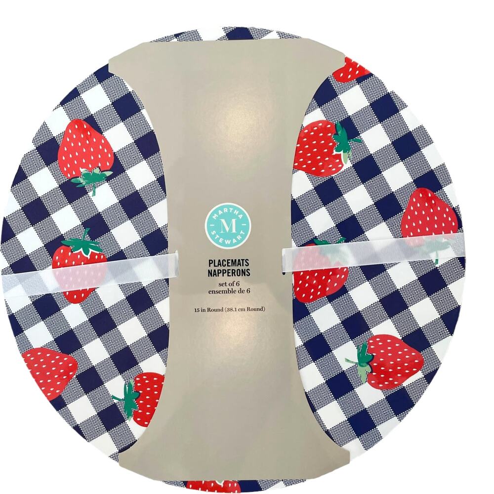 6pc MARTHA STEWART Strawberry Plaid Easy Care Placemats 15in Red White Blue NEW